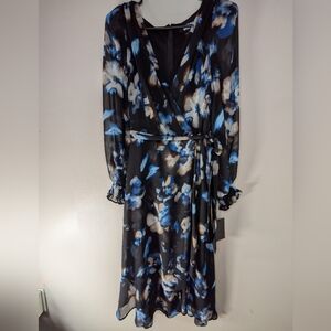 DKNY Elegant Black and Blue Floral Wrap Dress NWT size 4